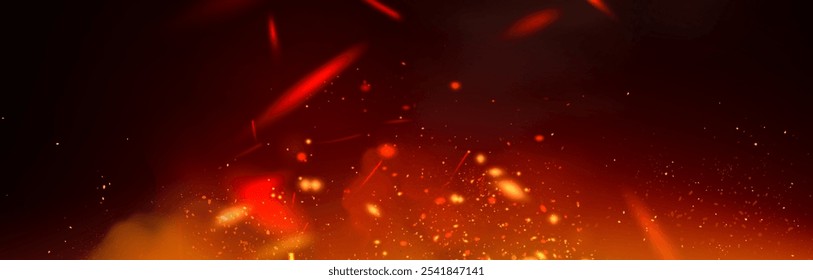 Fire sparks floating upward on dark background. Glowing orange embers with bright red streaks. Hot backdrop with burning particles and smoke elements with light effect. Realistic vector flame bg.