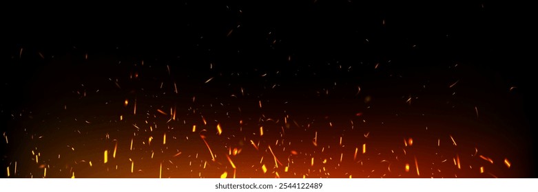 Fire sparks floating upward on dark background. Glowing orange embers with bright red streaks. Hot backdrop with burning particles and smoke elements with light effect. Realistic vector flame bg.