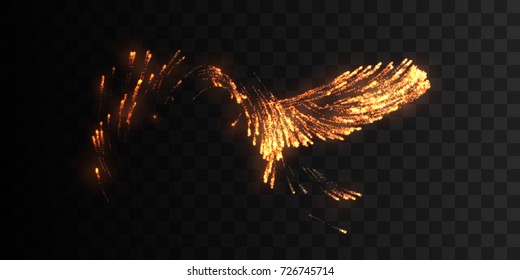 Fire sparks flowing stream isolated on transparent background. Vector illustration. Glowing particles leak. Sparkling shiny wave effect for design.