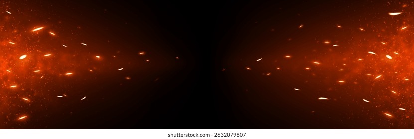 Fire sparks flying from both sides on a dark background. Glowing orange embers and particles. Fiery scene template. Realistic flame effect. Vector Illustration.