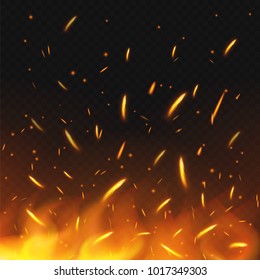 Fire sparks flying. Firestorm texture. Sparks charcoal. on transparent background. Vector illustration. Eps 10.