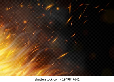 Fire. Fire sparks flying up on transparent background. Smoke and glowing particles on black. Realistic lighting sparks with bokeh effect for design. Vector illustration.