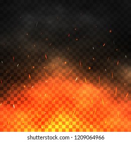 Fire sparks flying up. Realistic fire and smoke. Glowing particles on a transparent background. Bonfire with red and yellow light effect. Vector illustration.