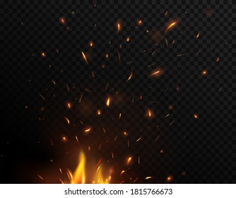 Fire sparks flying up, vector bonfire burning glowing yellow and orange particles. Firestorm, balefire realistic 3d flame of fire with sparks flying in air isolated on black and transparent background