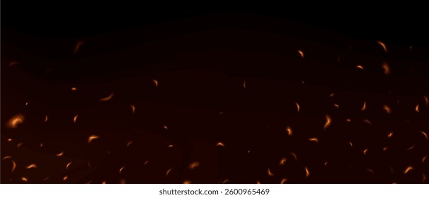 Fire sparks, glowing light, abstract glowing embers, heat sparkles, flying flame cinder, bokeh fire texture. Fire with glowing ash. Vector illustration.