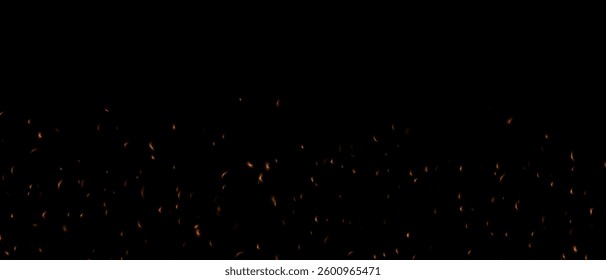 Fire sparks, glowing light, abstract glowing embers, heat sparkles, flying flame cinder, bokeh fire texture. Fire with glowing ash. Vector illustration.