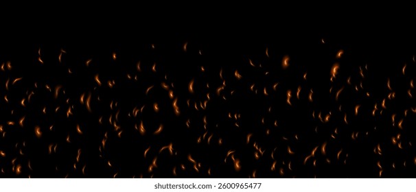 Fire sparks, glowing light, abstract glowing embers, heat sparkles, flying flame cinder, bokeh fire texture. Fire with glowing ash. Vector illustration.