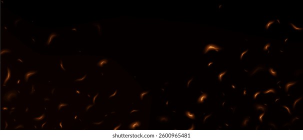 Fire sparks, glowing light, abstract glowing embers, heat sparkles, flying flame cinder, bokeh fire texture. Fire with glowing ash. Vector illustration.