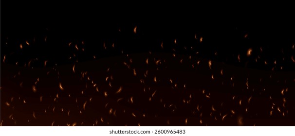 Fire sparks, glowing light, abstract glowing embers, heat sparkles, flying flame cinder, bokeh fire texture. Fire with glowing ash. Vector illustration.