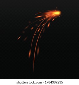 Fire sparks or glowing particles of flame flying up, realistic vector illustration isolated on dark transparent background. Hot burning light effect template.