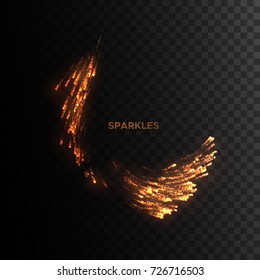 Fire sparks isolated on black background. Luminous particles stream. Vector illustration. Metal welding effect. Glowing effect for design
