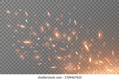 Fire sparks isolated on light transparent background. Burning particles flying up. Realistic lighting effect. Bright glowing elements and orange flame. Vector illustration.