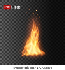 Fire With Sparks, Isolated Vector Campfire Or Torch Flame. Realistic Burning 3d Blaze, Glowing Orange And Yellow Shining Flare With Flying Embers. Bonfire Design Element On Transparent Background