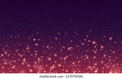 Fire sparks, magic sparkles, hellfire particles light effect. Shiny flying particles, cosmic dust with glowing flares isolated on a dark background. Vector illustration.