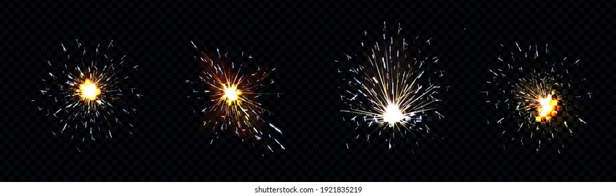 Fire sparks from metal welding, iron cutting or sparklers isolated on transparent background. Vector realistic flare effect, light flashes of industrial works with steel or fireworks