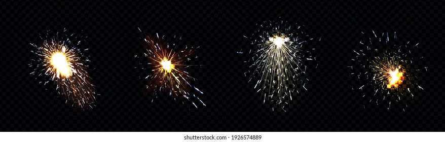 Fire sparks from metal welding, iron cutting or fireworks. Vector realistic flare effect, light flashes of industrial works with steel or sparklers isolated on transparent background