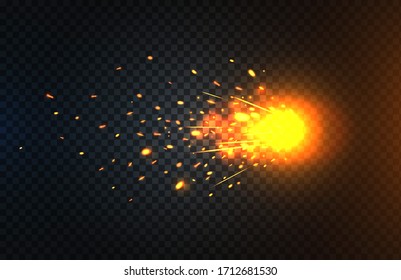 Fire sparks of metal welding isolated on transparent background. During iron cutting. Vector illustration.