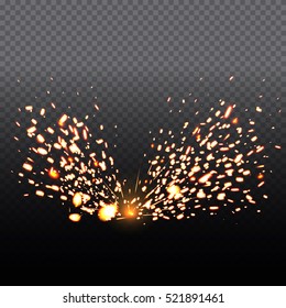 Fire Sparks Of Metal Welding Isolated On Transparent Background.  During Iron Cutting. Vector Illustration.