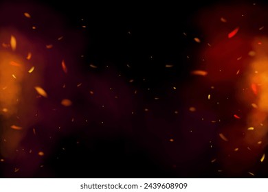 Fire sparks on a black background. Burning glowing particles in red bonfire smoke. Flame sparkles