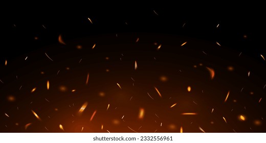 Fire sparks on dark background. Flying up sparks, burning fire particles with smoke texture. Realistic flame effect – vector