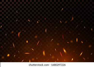 Fire sparks on dark transparent background. Flying up sparks, burning fire particles with smoke texture. Realistic flame effect – stock vector