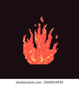 Fire with sparks in pixel, y2k and retro game style. Vector illustration of flame and bonfire icon on dark background