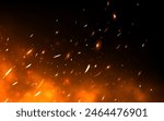 Fire sparks. Realistic flame background. Bright flying particles. Heat with glowing effect. Red fire with sparks. Bonfire flying up. Orange sparkling fireplace. Vector illustration.