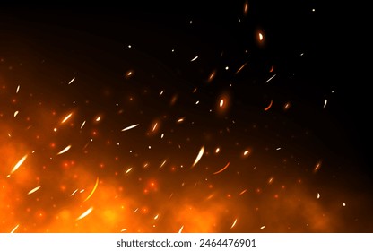 Fire sparks. Realistic flame background. Bright flying particles. Heat with glowing effect. Red fire with sparks. Bonfire flying up. Orange sparkling fireplace. Vector illustration.