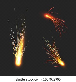 Fire sparks set of metal welding isolated on transparent background. Glow special effect. During iron cutting. Sparkling comet. Trail of firework. Falling star. Fiery sparks. EPS10