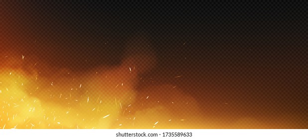 Fire Sparks With Smoke Border, Flying Up Particles And Embers. Vector Realistic Heat And Glow Effect Of Flame In Burning Bonfire, From Blacksmith Works Or Hell Isolated On Transparent Background