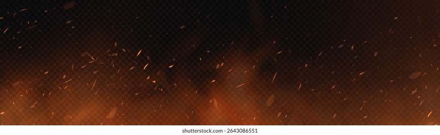 Fire sparks and smoke rise upwards on a transparent background. Heat and combustion effect for dynamic scenes and backgrounds.