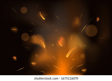 El fuego enciende la ilustración de la quema vectorial. Quema de llama realista con fondo de humo y chispas