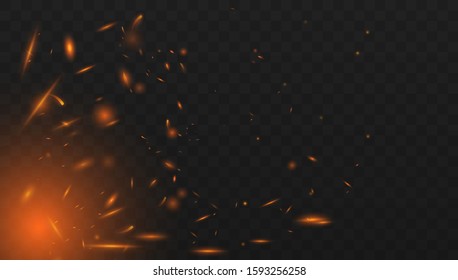 Fire sparks vector flying up. Burning glowing particles. Realistic isolated fire effect with smoke for decoration and covering on the transparent background. 