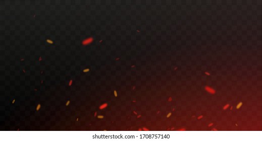 Fire sparks vector flying up. Burning glowing particles. Firestorm texture. Isolated on a black transparent background