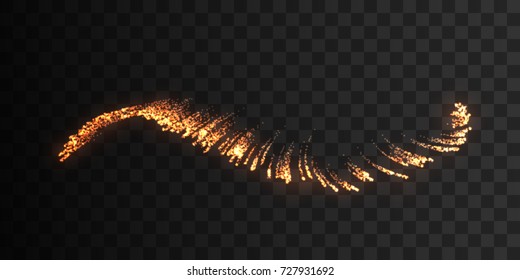Fire sparks wave isolated on black background. Luminous particles. Vector illustration. Metal welding effect. Glowing effect for design. Glittering golden stream of sparkles