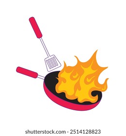 a fire with a spatula and a pot of fire, Chef tossing flaming. illustration