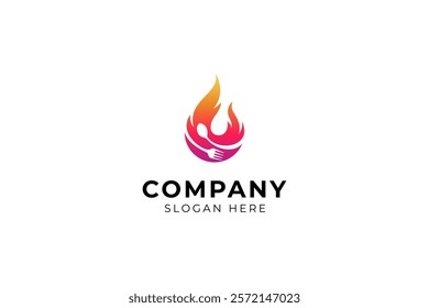 fire spicy food with cutlery icon and fire elements in gradient color flat vector logo design style