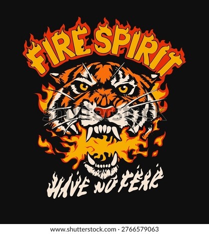 fire spirit slogan with fire tiger graphic vector illustration on black background