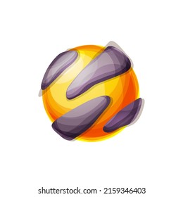 Fire split planet covered by rocky stones, with lava or magma inside isolated alien far world. Vector fantasy cartoon globe, deep space inhabitable place, ui gui game outer space design element