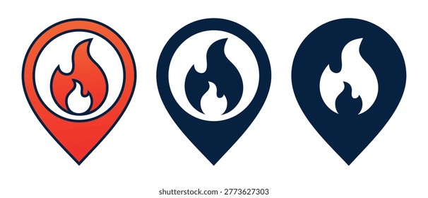 Fire Spot Icon with Location Pin and Flame. Emergency Alert and Hazard Location. Vector Illustration
