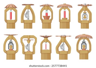 Fire sprinkler emergency firefighting equipment with different nozzle set isometric vector illustration. Drip pressure industrial accessory smoke extinguishing drop firefighter shower flame security