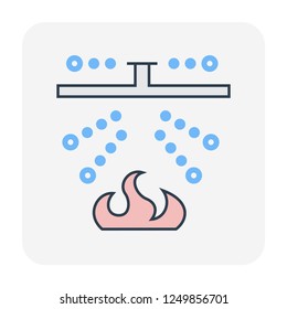 Fire sprinkler icon and flame. Device is a safety equipment working with many security system e.g. fire suppression, fire alarm and emergency communication. Device spray water when fire detection