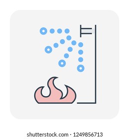 Fire sprinkler icon and flame. Device is a safety equipment working with many security system e.g. fire suppression, fire alarm and emergency communication. Device spray water when fire detection