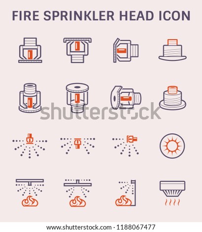 Fire sprinkler icon or sprinkler head is a safety equipment. Variety type i.e. conventional, upright, pendent, sidewall and concealed. Including smoke detector, spray water and flame. Vector icon.