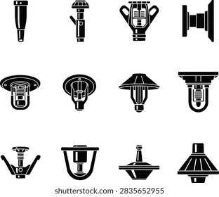 Fire sprinkler and industrial nozzle vector icon set