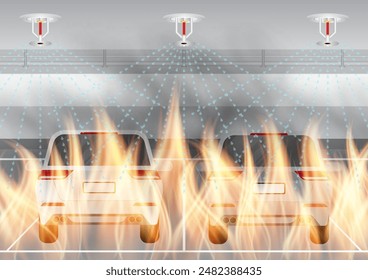 Rociador de fuego que chapotea en el edificio. Sistema de extinción automática de incendios. Ilustración vectorial. 