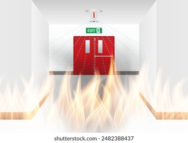 Rociador de fuego que chapotea en el edificio. Sistema de extinción automática de incendios. Ilustración vectorial. 