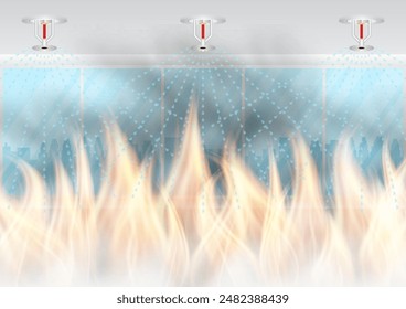 Fire Sprinkler Splashing on Fire in Building. Automatic Fire Extinguishing System. Vector Illustration. 