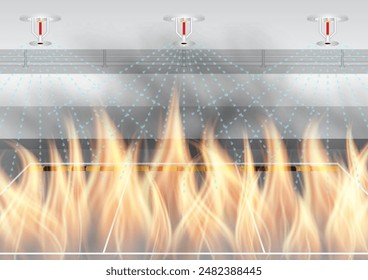 Rociador de fuego que chapotea en el edificio. Sistema de extinción automática de incendios. Ilustración vectorial. 