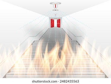 Rociador de fuego que chapotea en el edificio. Sistema de extinción automática de incendios. Ilustración vectorial. 